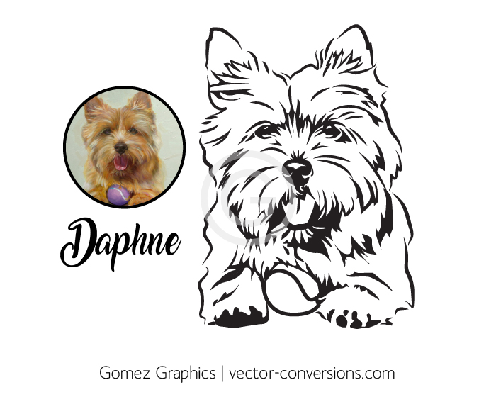 Full color dog custom redrawn in black line art vector format for engraving.