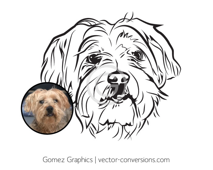 Black and white vector line art drawing of a dog