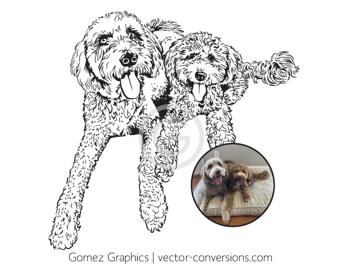 Black and white line art vector drawing of two goldendoodle dogs